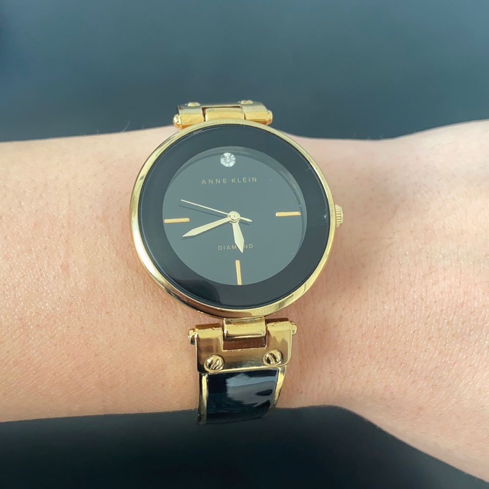 Anne Klein Women's Black and Gold Diamond Dial Bangle Watch